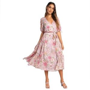 Lulu’s Floral Lilac Chiffon Short Sleeve Midi Dress Size XL